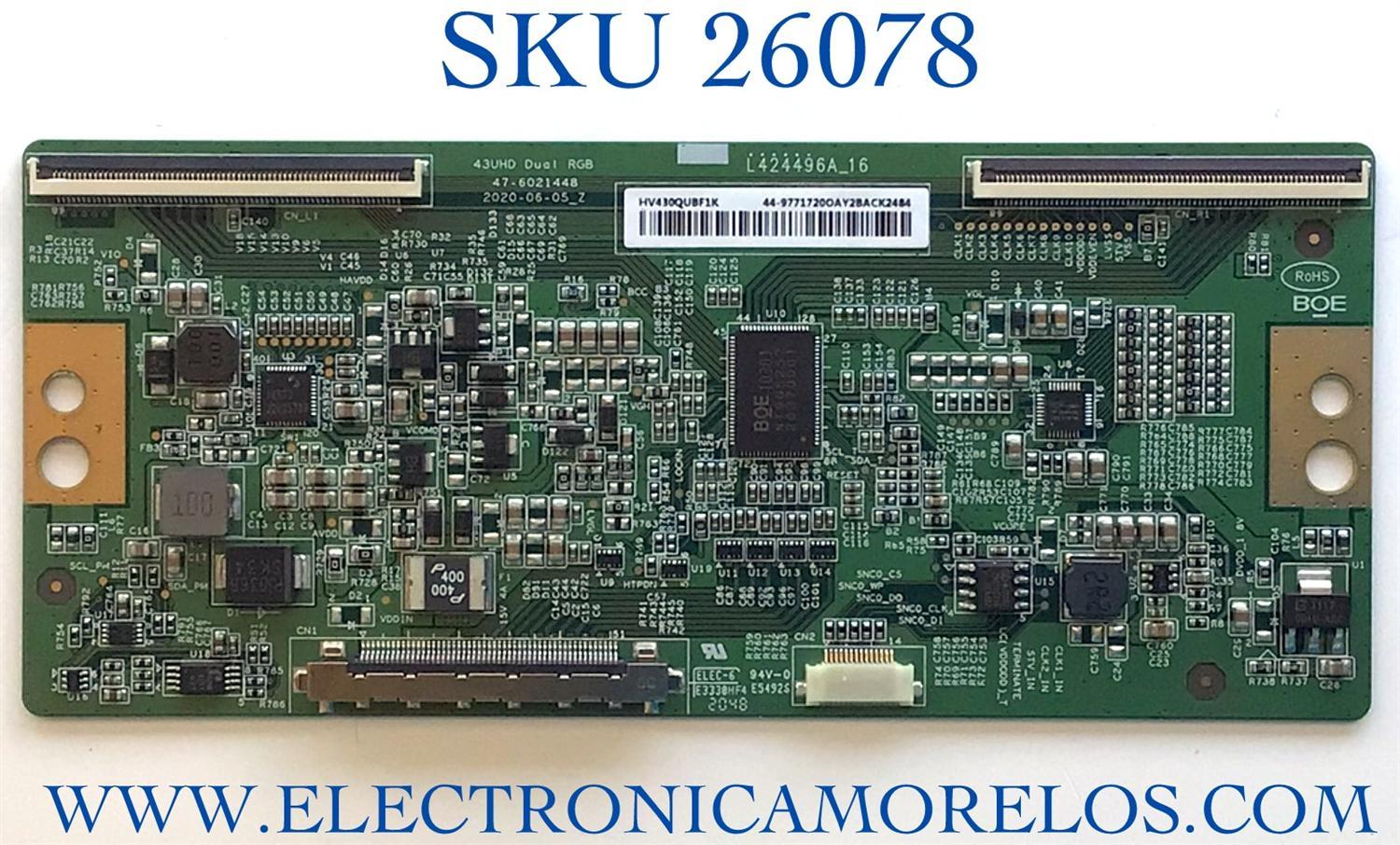 T-CON PARA TV SONY NUMERO DE PARTE 44-9771720O / 47-6021448 / HV430QUBF1K / PANEL YSBM043CNO11 / MODELO KD-43X80J / KD43X80J