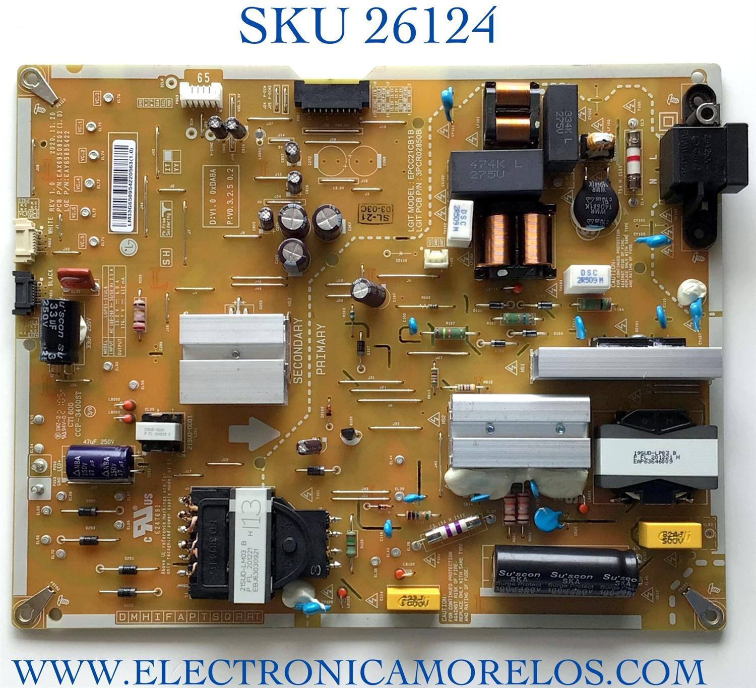 FUENTE DE PODER ORIGINAL PARA TV LG / NUMERO DE PARTE EAY65895422 / EAX69508202 / 65895422 / EAX69508202(1.0) / PANEL'S NC650EQH-AAKH1 / NC650EQG-AAKH1 / MODELOS 65NANO80UPA / 65NANO80UPA.BUSYLKR / 65NANO85APA / 65NANO85APA.BUSYLKR / 65NAN080 / 65NAN085