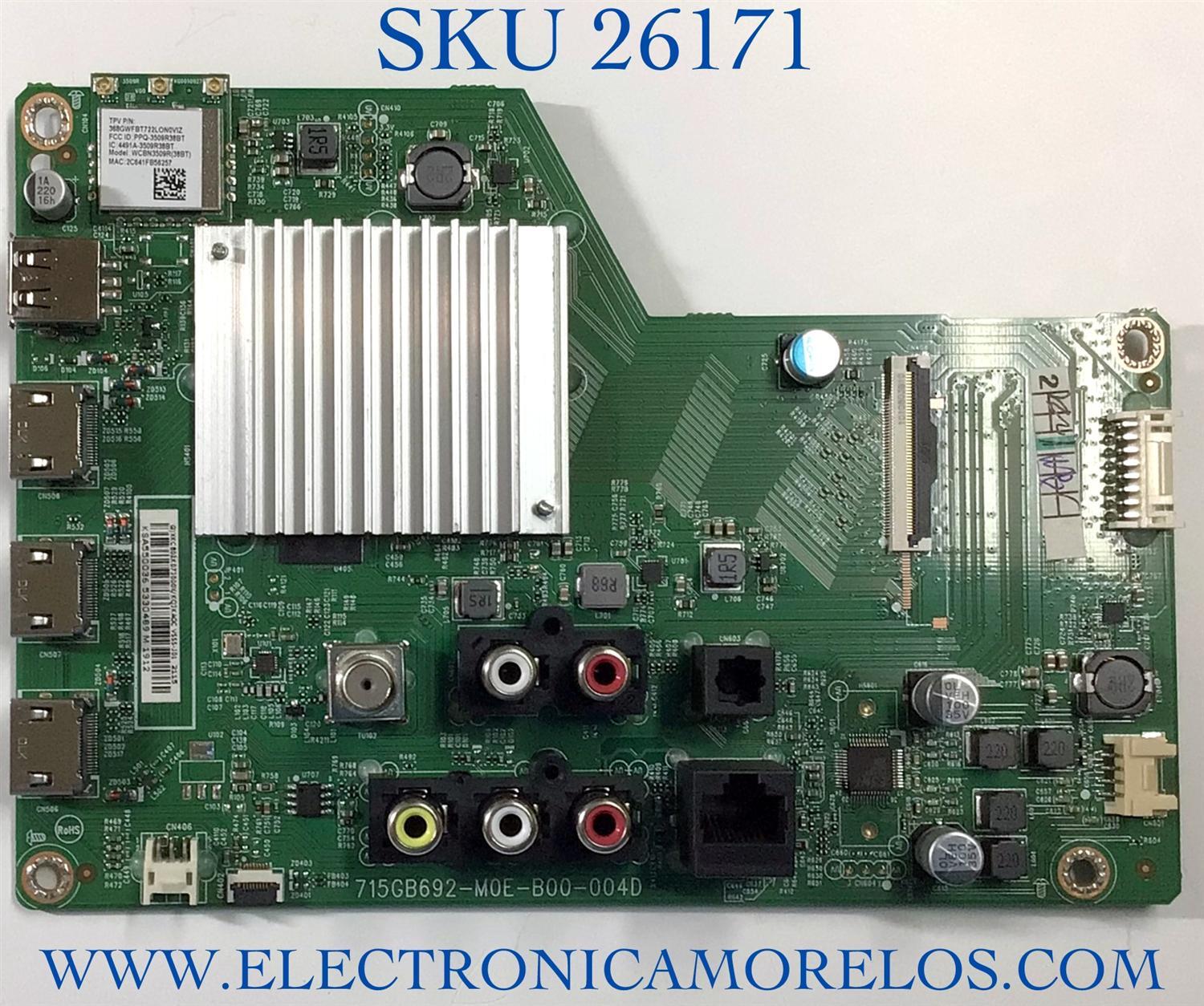 MAIN PARA TV VIZIO NUMERO DE PARTE XKCB02K071 / 715GB692-M0E-B00-004D / PANEL TPT550U1-QVN10.U REV:SB0R / MODELO V555-J01 LTCWE7KX / V555-J01