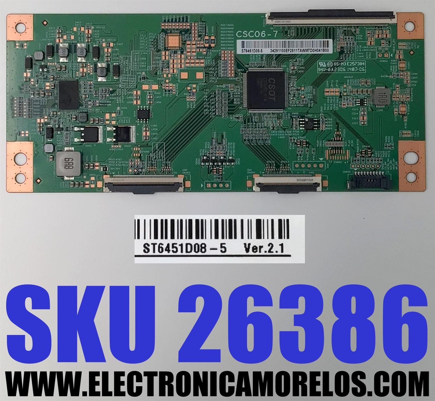 T-CON PARA TV TCL QLED / NUMERO DE PARTE 34291100EF / ST6451D08-5 / CSC06-7 / 34.29110.0EF / 34291100EF2811 / E257384 / PANEL LVU650NDJL CD9W28 V1 / DISPLAY ST6451D08-5 VER.2.1 / MODELOS 65Q750G / 65QM850G