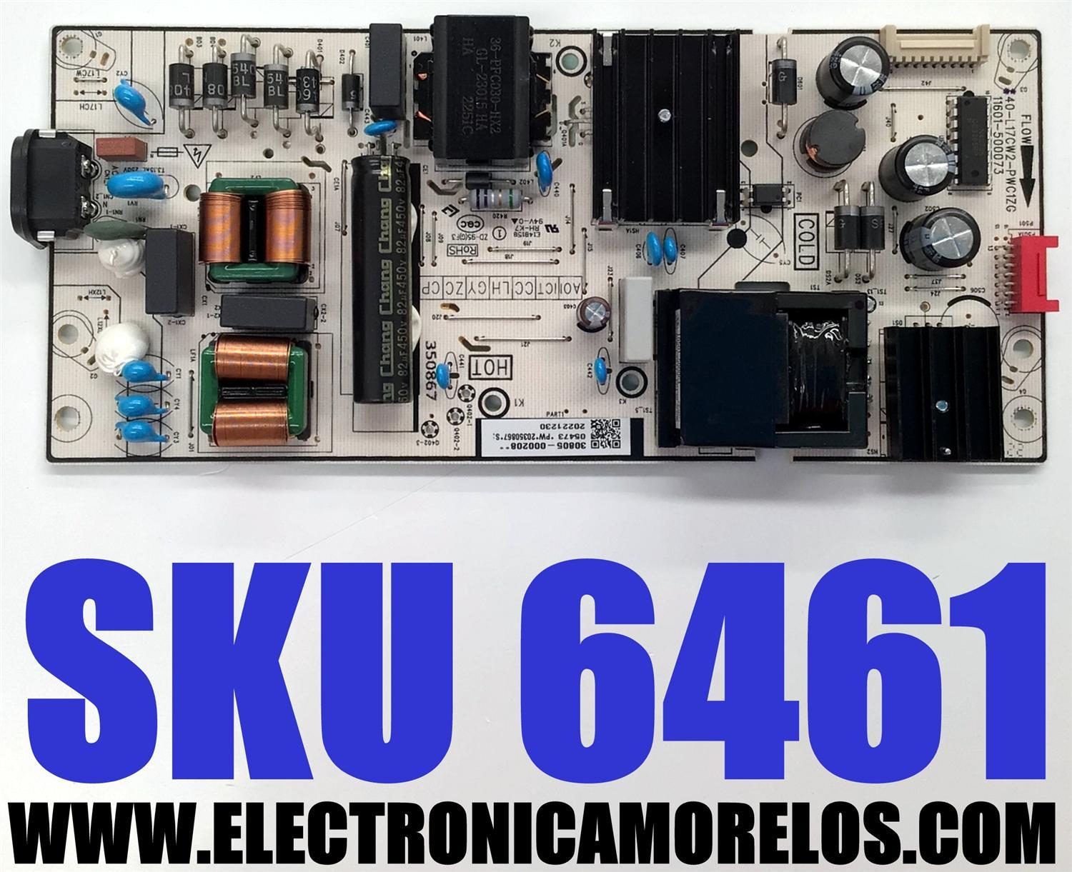 FUENTE DE PODER PARA TV TCL / NUMERO DE PARTE 30805-000208 / 40-L17CW2-PWB1ZG / 11601-500064 / PANEL LVU650NDEL CS9W49 V1 / DISPLAY ST6451D06-3 VER.2.1 / MODELOS 65S453 / 65S454 / 65S455