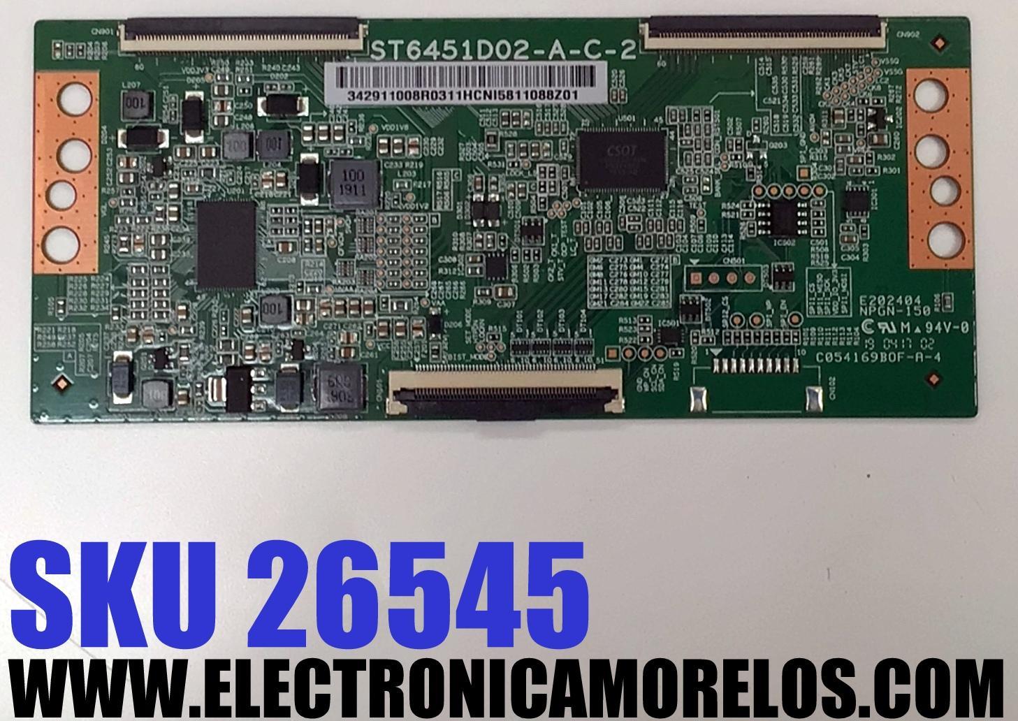 T-CON PARA TV PIONEER / NUMERO DE PARTE 342911008R03 / 342911008R0311 / ST6451D02-A-C-2 / C054169B0F-A-25 / 34.29110.08R / DISPLAY ST6451D02-F / MODELO PLE-65S08UHD