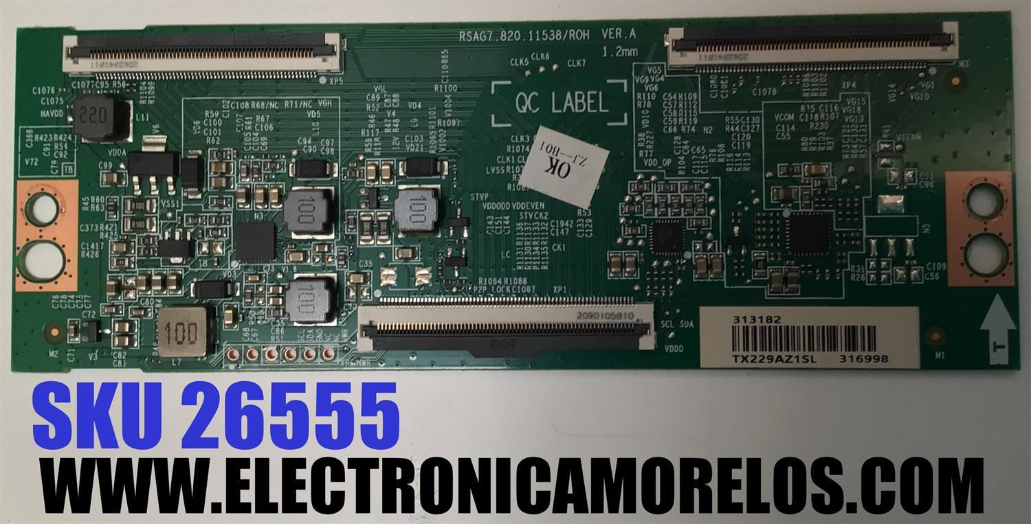 T-CON ORIGINAL PARA TV HISENSE / NUMERO DE PARTE 313182 / RSAG7.820.11538/ROH VER.A / 316998 / TX229AZ1SL / H41802PNK85A2 / CQC2 / PANEL HD550Y1U72-T0L2 / DISPLAY HV550QUB-F70 REV.2.0 / MODELO 55A65HV / 55A6GV / 55A6GV 55A53FUV