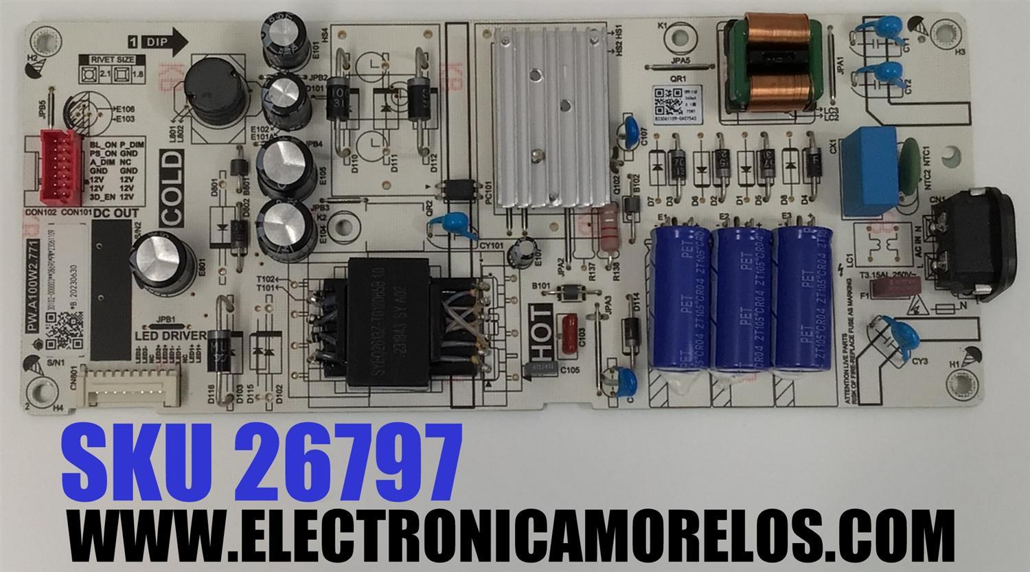 FUENTE DE PODER PARA TV TCL / NUMERO DE PARTE 30102-000003 / PW.A100W2.771 / 23061109 / 20230630 / B23061109-0A07543 / DISPLAY ST4251D02-1 VER.2.1 / MODELO 43S454