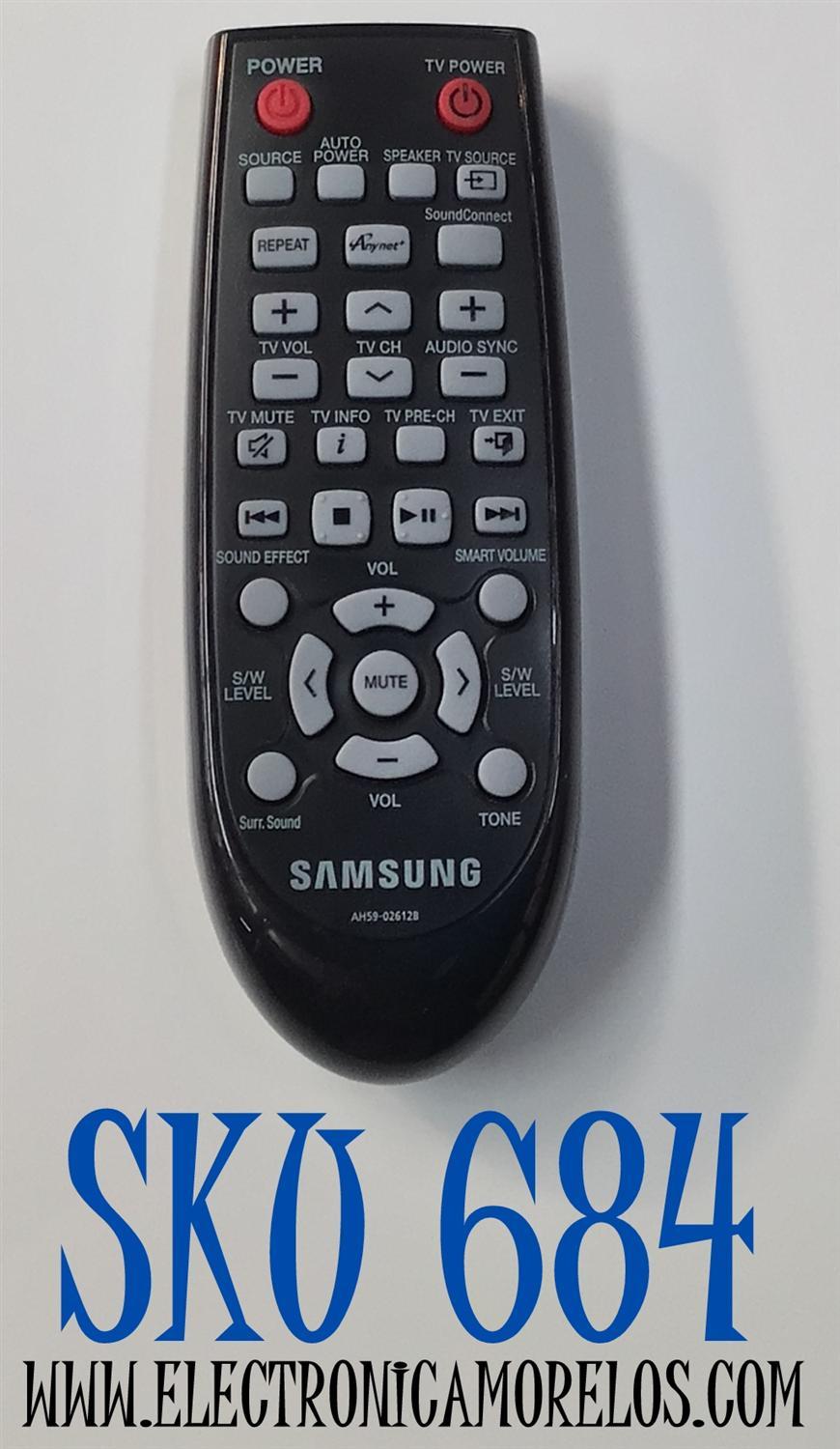 CONTROL REMOTO ORIGINAL SAMSUNG PARA BARRA DE SONIDO / NUMERO DE PARTE AH59-02612B / BN63-05748A / IEC R03 / MODELOS HW-H550 / HW-H551 / HW-H570 / HW-H550/ZA / HW-H551/ZA / HW-H570/ZA