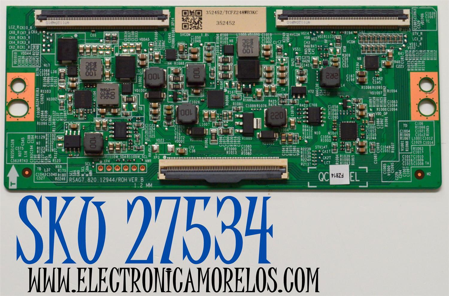 T-CON ORIGINAL PARA TV HISENSE / NUMERO DE PARTE 352452 / RSAG7.820.12944/ROH VER.B / TCFZ24WB3KC / PANEL HE650X3U61-T0L1 / DISPLAY PT650GT02-7 VER.1.0 / BOARD PT650GT02-3-XR2-3 / PT650GT02-3-XL2-3 / PT650GT02-3-XR1-3 / PT650GT02-3-XL1-3 / MODELO 65S75N