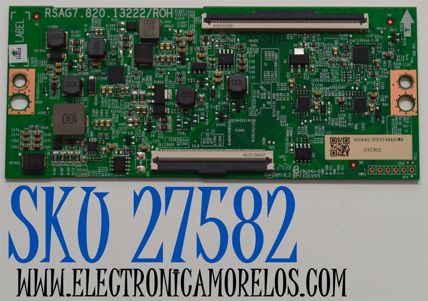 T-CON ORIGINAL PARA TV HISENSE / NUMERO DE PARTE 337302/ RSAG7.820.13222/ROH / 351643 / TCFZ24AAA3W0 / PANEL HD850HIU52-T0LF\ROH / DISPLAY T850QVN03.7 / BOARD 85T14 S18 XR / 85T14 S0P XC / 85T14 S19 XL / MODELO 85QD75N - Imagen 1