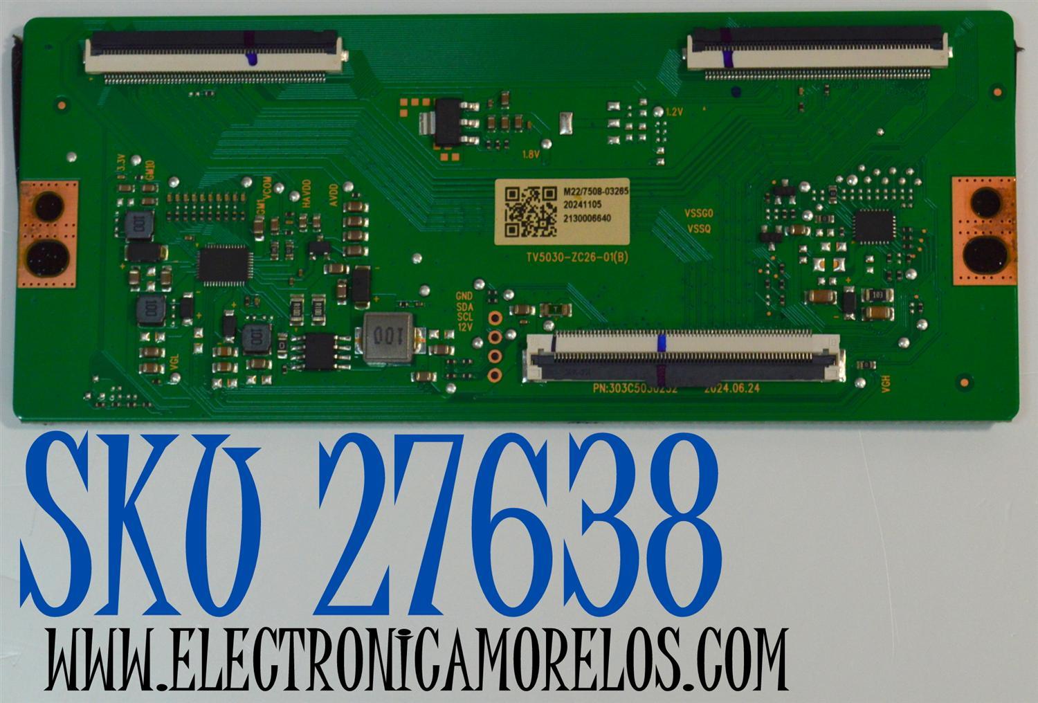 T-CON ORIGINAL PARA TV ONN / NUMERO DE PARTE 513C5030M22 / TV5030-ZC26-01(B) / 303C5030232 / M22/27508-03265 / 2130006640 / PANEL HF500QUB-F20 V2.0 / DISPLAY HF500QUB-F20 REV.2.0 / MODELO 100012585 50"