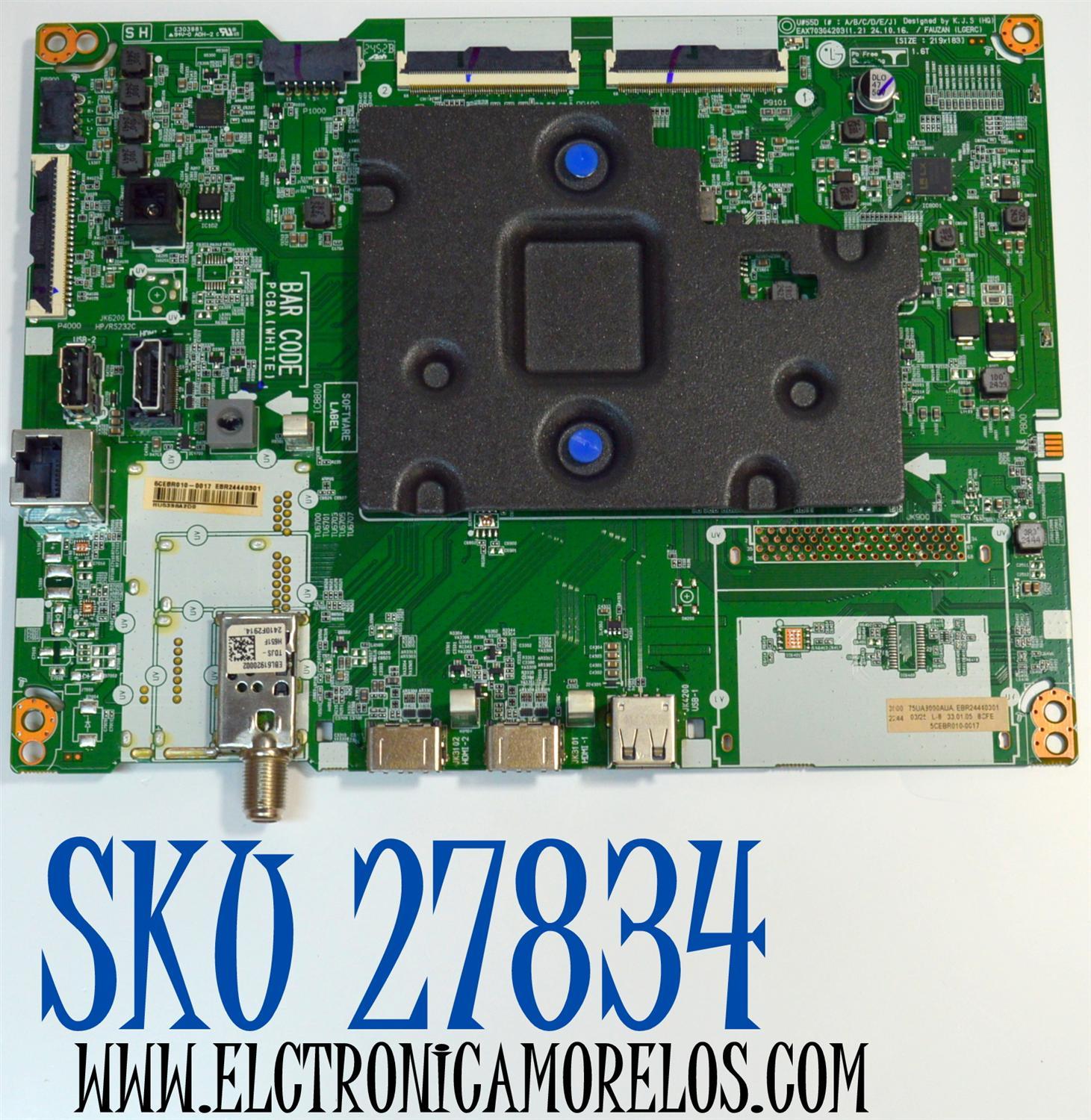 MAIN ORIGINAL PARA TV LG 4K UHD HDR SMART TV / NUMERO DE PARTE EBR24440301 / EAX70304203 / EAX70304203(1.2) / 24440301 / PANEL BOEB750WQ19F9F / DISPLAY HV750QUB-F9F / MODELO 75UA7500ZUA / 75UA7500ZUA.CUSFBH