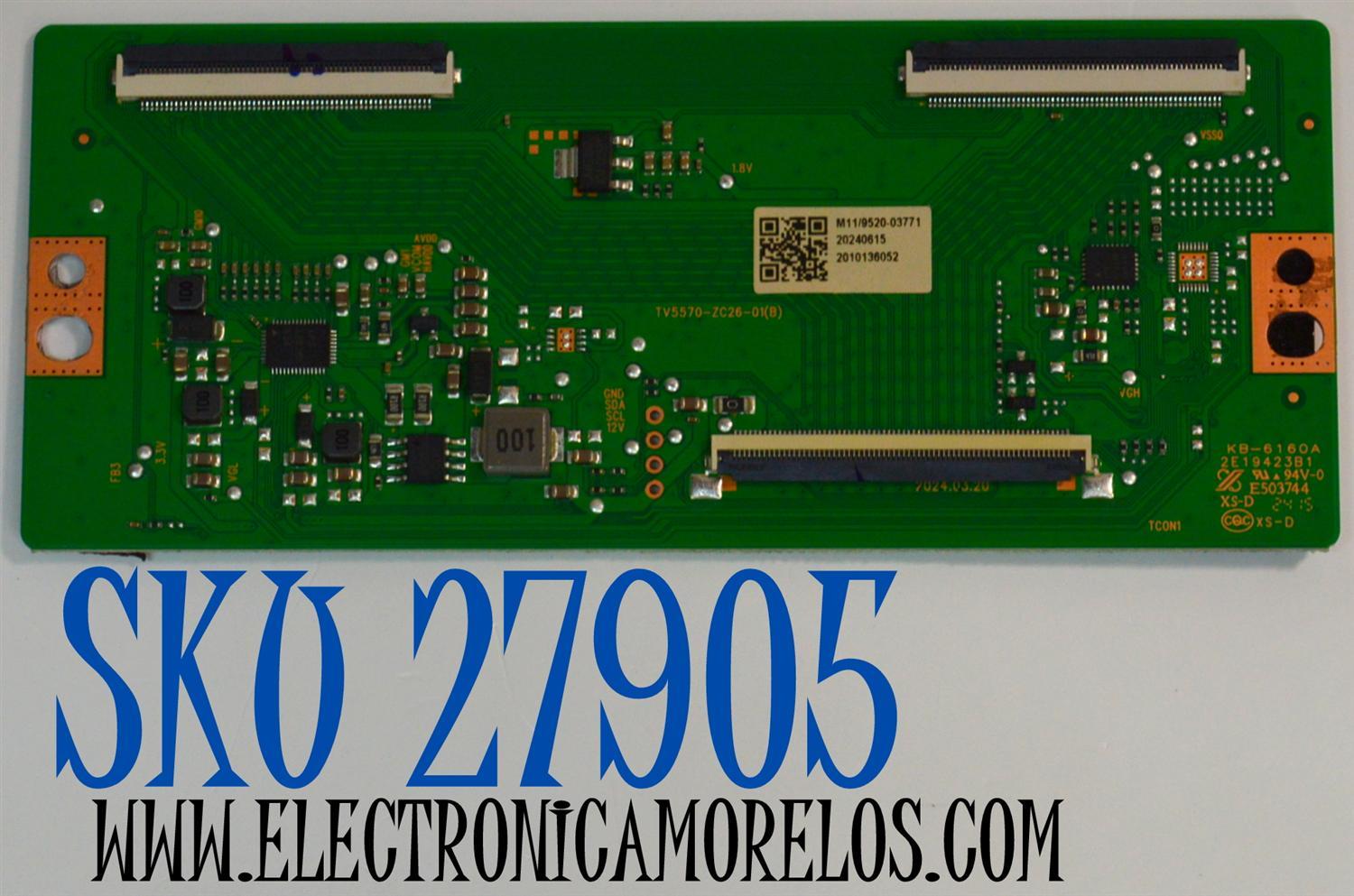 T-CON ORIGINAL PARA TV ONN / NUMERO DE PARTE 513C5570M11 / TV5570-ZC26-01 (B) / M11/9520-03771 / 2010136052 / KB-6160A / DISPLAY HV750QUB-F91 REV.2.0 / MODELO 100044717 75"