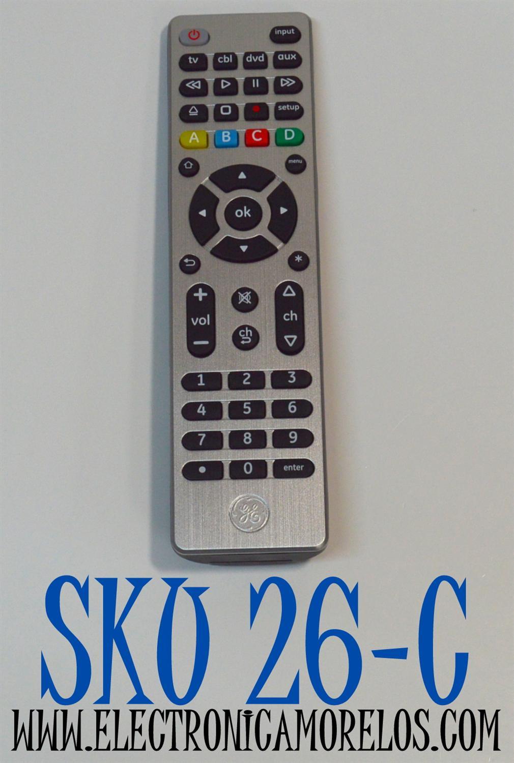 CONTROL REMOTO ORIGINAL GE PARA OPERAR HASTA 4 DISPOSITIVOS DIFERENTES COMO TELEVISORES / REPRODUCTORES DE BLU-RAY/DVD / RECEPTORES DE CABLE/SATELITE / BARRAS DE SONIDO / COMPATIBLE CON VARIAS MARCAS / NUMERO DE PARTE 33709 / 33709 CL5