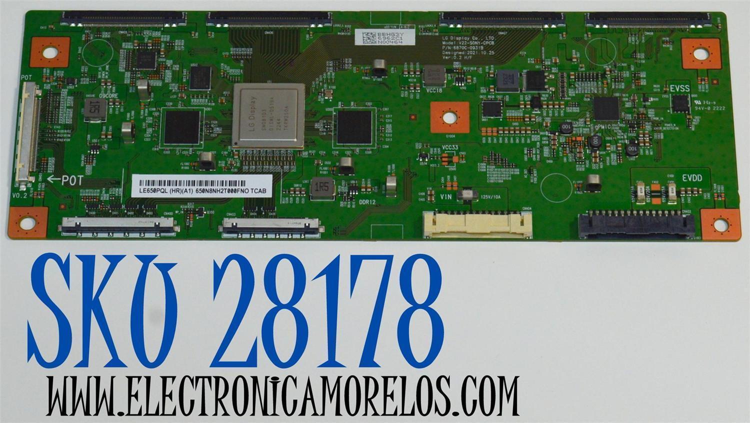 T-CON ORIGINAL PARA TV SONY / NUMERO DE PARTE 6871L-6962C / 6870C-0931B / LE650PQL (HR)(A1) / 6962C / PANEL YDCM065UNG11 / MODELO XR-65A80CL / XR65A80CL