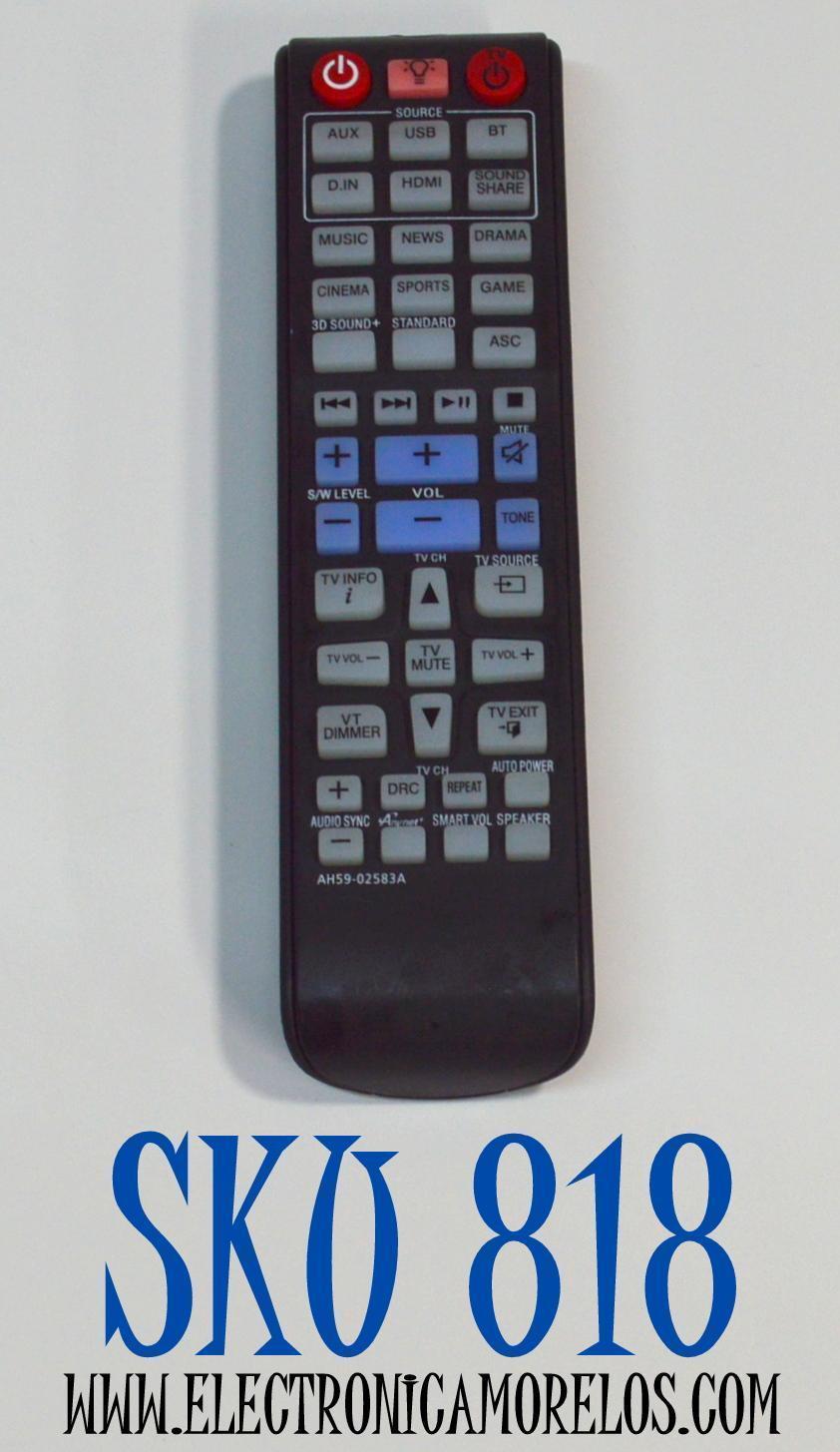 CONTROL REMOTO ORIGINAL SAMSUNG PARA SISTEMAS DE BARRA DE SONIDO / NUMERO DE PARTE AH59-02583A / MODELO HW-F850 / HW-F850/ZA / HW-F5500W / HT-F6500 / CUENTA CON BOTONES DEDICADOS PARA SELECCIONAR FUENTES COMO USB / AUX / HDMI / BT