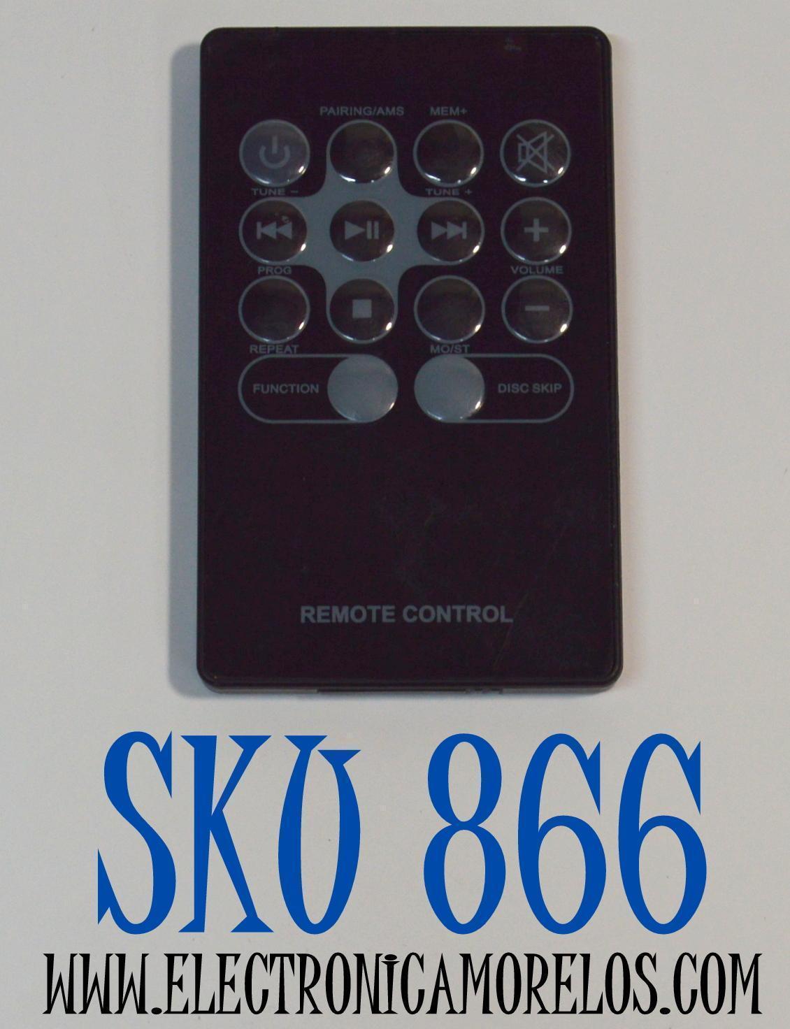 CONTROL REMOTO ORIGINAL PARA UN MINI SISTEMA ESTEREO DE CD ONN CON BLUETOOTH / NUMERO DE PARTE BWA17AA010 / MODELO 100008725 / ONA17AA015 / ONA13AV503 / 100008724 / ONB15AV203 / ONA12AV024
