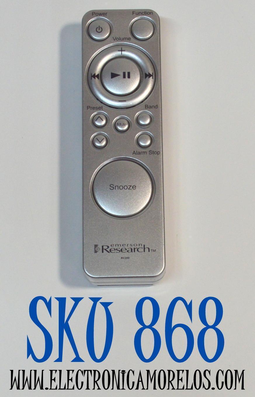 CONTROL REMOTO ORIGINAL EMERSON RESEARCH PARA PRODUCTOS ELECTRONICOS DE CONSUMO COMO RADIOS / REPRODUCTORES DE CD / SISTEMAS DE AUDIO / BASES PARA iPOD / NUMERO DE PARTE RC200 / IC200