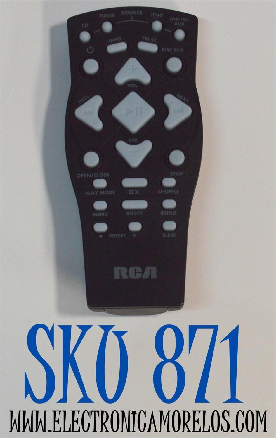 CONTROL REMOTO  RCA UNIVERSAL PARA TV. VCR . AUX.  CATV.  / CUENTA CON BOTONES PARA CONTROLAR DIVERSAS FUNCIONES COMO SINTONIZADOR TUNER/CD/iPOD/ENTRADA LINEA/AUXILIAR / NUMERO DE PARTE RS2652 / RS-2654 / RS2654