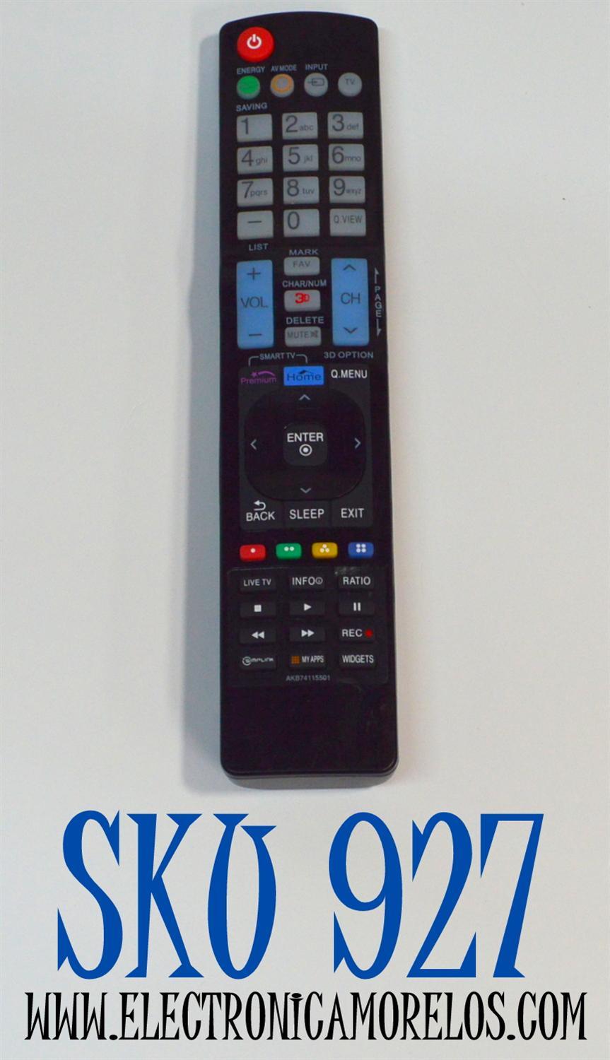 CONTROL REMOTO ORIGINAL PARA TV LG / NUMERO DE PARTE AKB74115501 / HR-A906 / AKB73715601 / AKB73715608 / AKB73755414 / AKB72914207 / FUNCIONA CON VARIOS MODELOS DE TELEVISORES INTELIGENTES COMO SMART TV / LCD / LED
