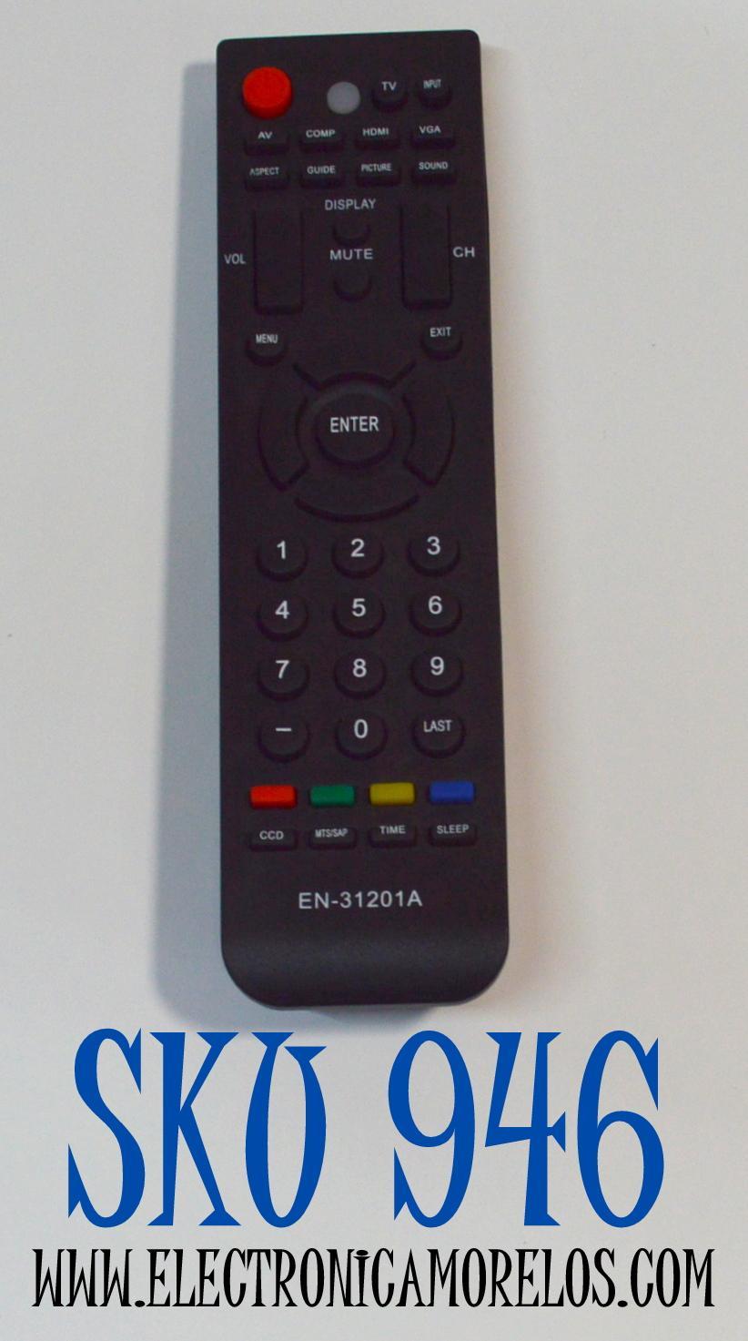 CONTROL REMOTO PARA TV HISENSE / NUMERO DE PARTE EN-31201A / MODELO F55V89C / F46V89C / F42K20E / LHD32V66AUS / LHDN32V66AUS / F24V77C / F24V86C / LTD24V86US