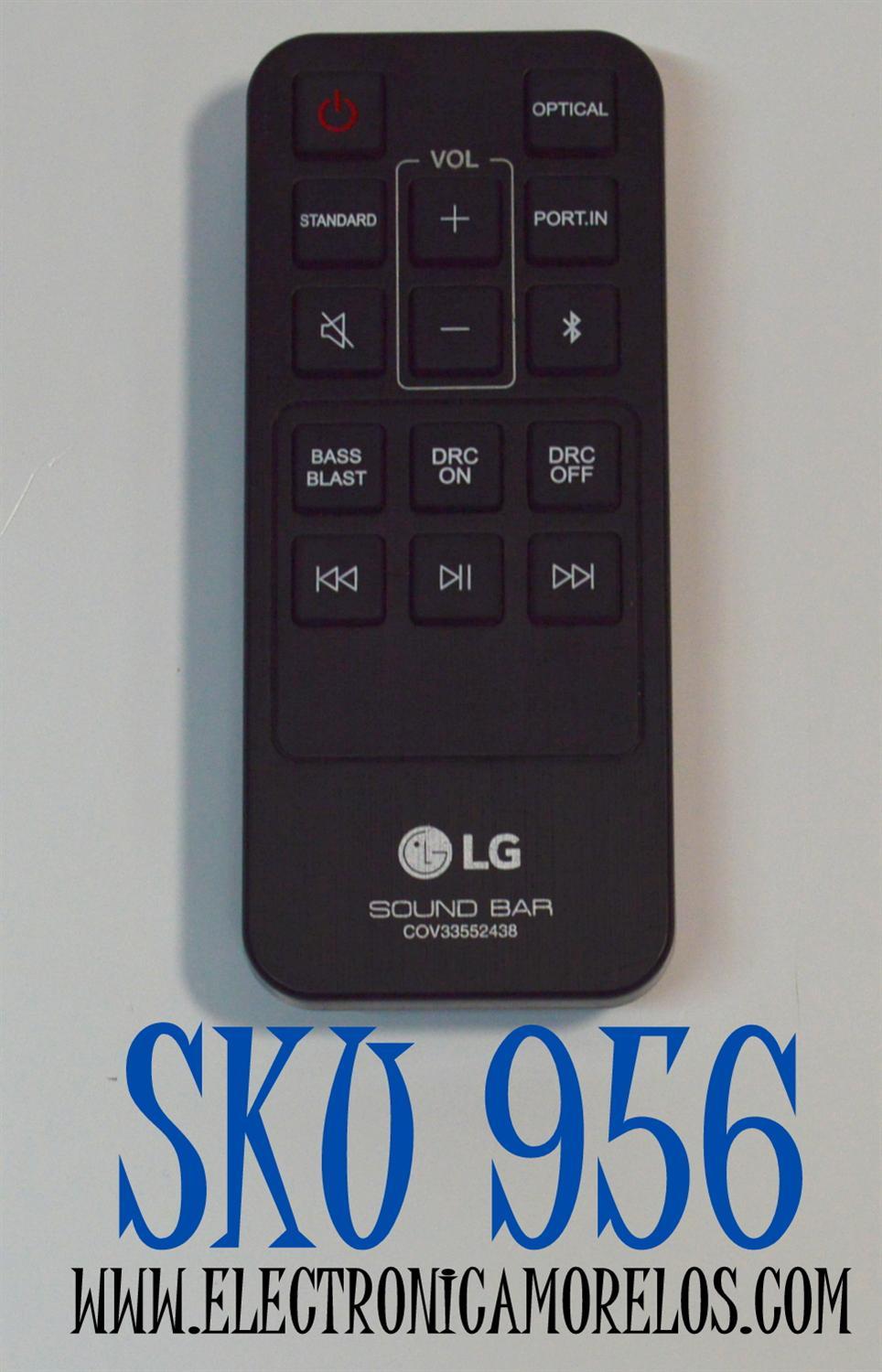 CONTROL REMOTO ORIGINAL LG SOUND BAR PARA BARRA DE SONIDO / COMPATIBLE CON VARIAS BARRAS DE SONIDO COMPACTAS DE 2.0 CANALES LG SK1 / NUMERO DE PARTE COV33552438 / HG-A29 1-5 / COV33552433 