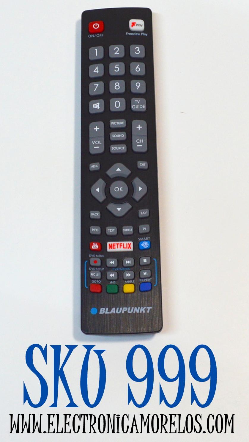 CONTROL REMOTO ORIGINAL PARA SMART TV BLAUPUNKT / NUMERO DE PARTE RMC/0001 / BLF/RMC/0008 / DH-2098 / DH2010309352 / BLFMC0008 / BLF/RMC/0010 / POF/RMC/001 / MODELO 32/138M-GB-11B4-EGPX-UK / BLA-32/138Q-GB-11B4-EGPF-UK / 40/138Q-GB-11B4-FEGPF-UK