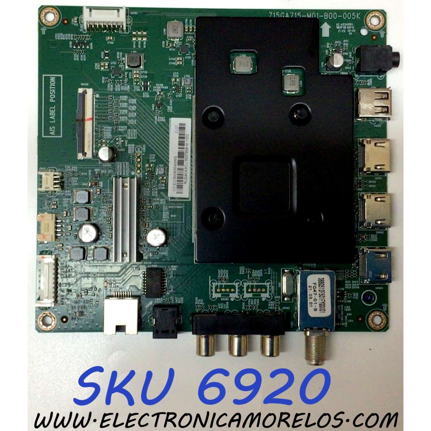 MAIN PARA TV INSIGNIA 4K UHD SMART FIRE TV / NUMERO DE PARTE XLCB02K054 / 756TXLCB02K054 / 715GA715-M01-B00-005K / XLCB02K054000X / PANEL TPT500WR-PV5D.Q REV:S17F / DISPLAY CC500PV5D VER.07 / MODELO NS-50F301NA22