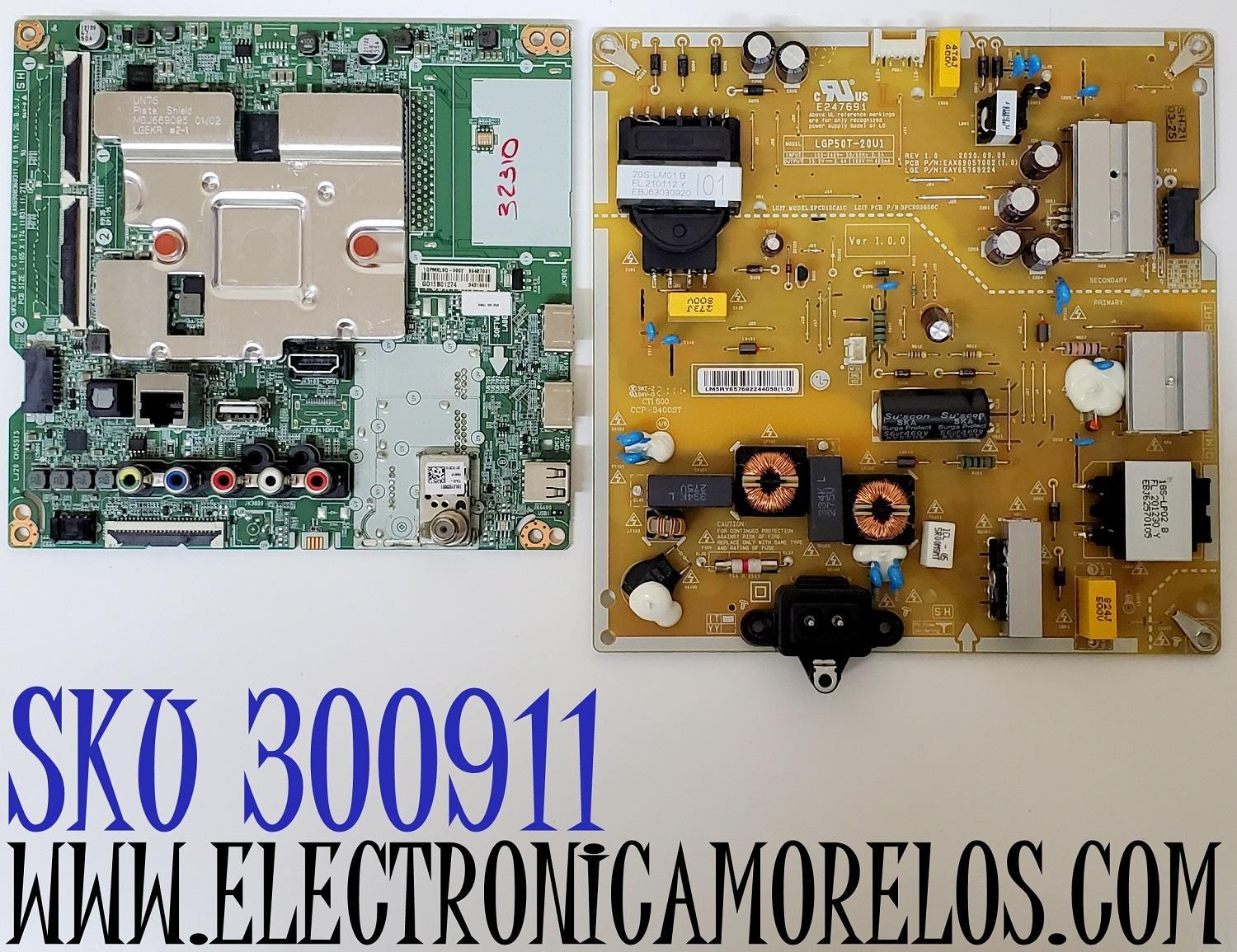 KIT DE TARJETAS PARA TV LG / NUMERO DE PARTE MAIN EBU66487001 / EAX69083603 / 34316001 / FUENTE EAY65799224 / EAX69057002 / LGP50T-20U1 / 65769224 / PANEL NC500DQG-AAKX1 / DISPLAY LC500DQC (SP)(A1) / MODELO 50UQ7070ZUE / 50UQ7070ZUE.BUSJLM