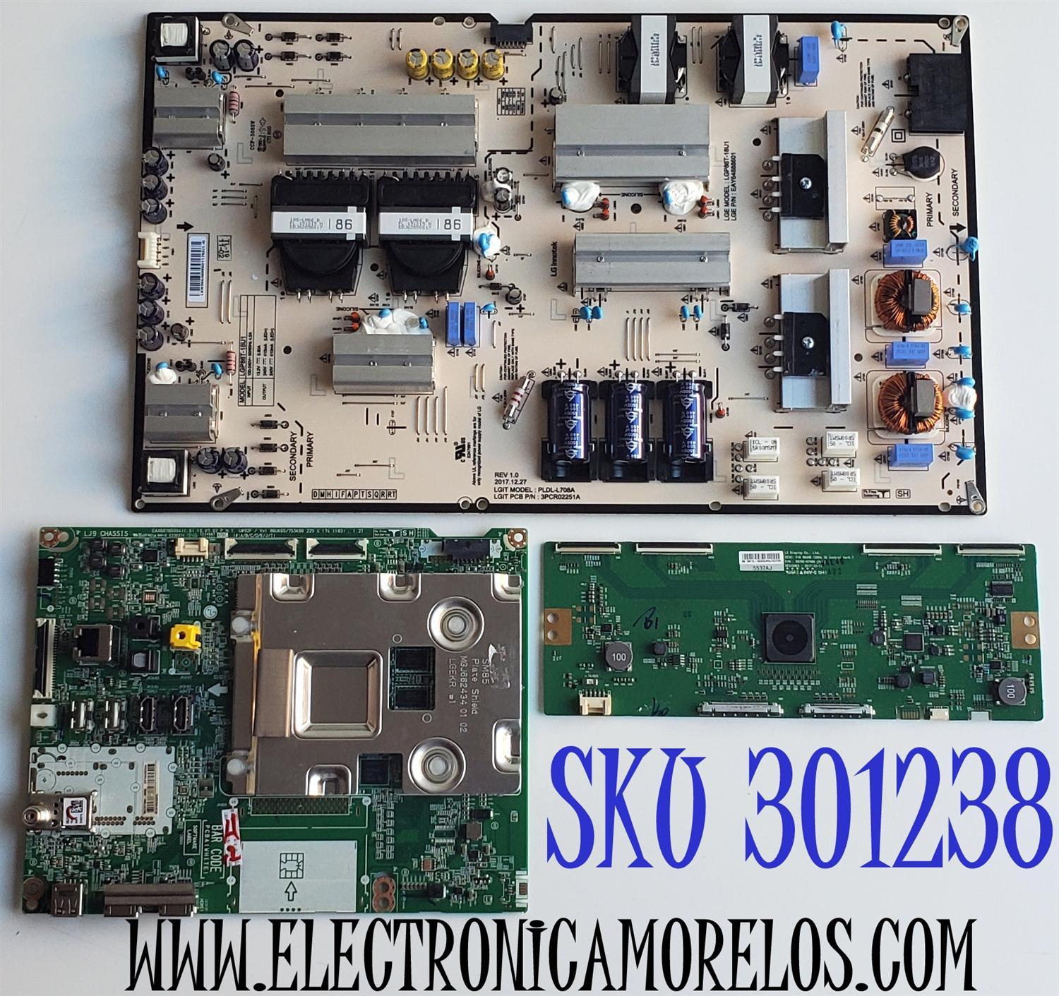 KIT DE TARJETAS PARA TV LG 4K·UHD·HDR / MAIN EBT66082804 / EAX68785003 / EAX68785004 / T-CON 6871L-5532A / 6870C-0748A / FUENTE EAY64888601 / PLDL-L708A / LGP86T-18U1 / 3PCR02251A / PANEL HC860DQF-SLUR2-2142 / MODELO 86UM8070AUB / 86UM8070AUB.BUSYLJR