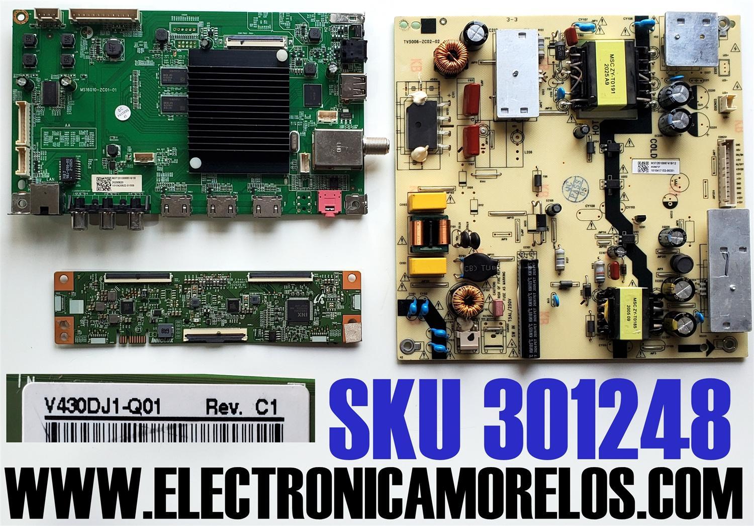 KIT DE TARJETAS PARA TV JVC·ROKU TV / NUMERO DE PARTE MAIN MS16010-ZC01-01 / 20200820 / T-CON 7ACDJ1013 / E89382 / FUENTE TV5006-ZC02-02 / E021M431-H1 / E021M460-B2 / E021M289-T1 / 303C500606J / DISPLAY V430DJ1-Q01 REV.C1 / MODELO LT-43MAW595