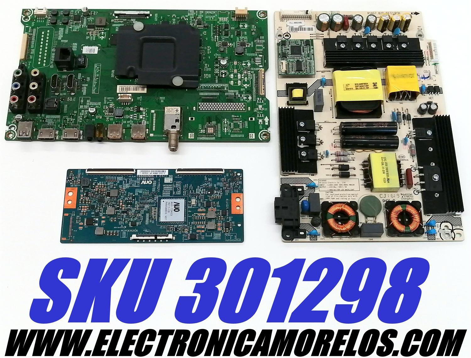 KIT DE TARJETAS PARA TV HISENSE 4K·UHD·HDR / MAIN 201724 / RSAG7.820.6591/ROH / 194886 / HU55K3300UWG / T-CON 5555T32C01 / T550QVN05.1 / 55T32-C06 / FUENTE 191669 / RSAG7.820.6672/ROH / HLL-4860WB / PANEL HD550DU-B52 / DISPLAY T550QVN05.2 / MODELO 55H8C - Imagen 1