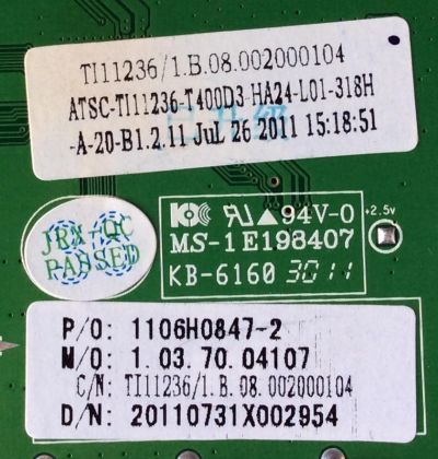 MAIN PARA TV WESTINGHOUSE / NUMERO DE PARTE 1106H0847-2 / 1106H0847-2 H / CV318H-A / 1106H0847 / TI11236-7 / PANEL T400D3-HA24-L01 / MODELO LD-4055 TW-61511-T040B - Imagen 2