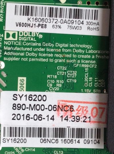 MAIN / FUENTE / ELEMENT K16060372 / 890-M00-06NC6 / SY16200 / TP.MS3393.PB801 / MODELO ELEFW5016 / PANEL V500HJ1-PE8 REV.C7	 - Imagen 2