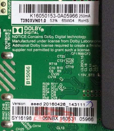 MAIN / FUENTE / (COMBO) K16050153 / 20160426 / SY16198 / TP.MS3393.PB801 / MODELO ELEFW3916 / PANEL T390XVN01.0	 - Imagen 2