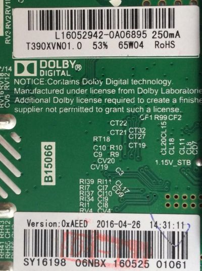 MAIN / FUENTE / (COMBO) ELEMENT L16052942 / SY16198 / TP.MS3393.PB801 / MODELO ELEFW3916 / PANEL T390XVN01.0	 - Imagen 2