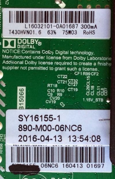 MAIN / FUENTE / (COMBO) / SEIKI L16032101 / TP.MS3393.PB801 / SY16155-1 / 890-M00-06NC6 / PANEL T430HVN01.6	 - Imagen 2