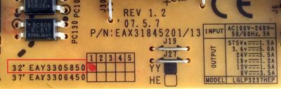 FUENTE DE PODER / LG EAY33058501 / EAX31845201 / 13 / LGLP3237HEP / 33058501 / EAY33058502 / MODELOS 32LG10 / 32LX50C / 32LX50CS / 32LB9D / 32LC7DC-UK / 32LX50CS-UA / 32LB4DS-UA / 32LC7DC-UB / 32LC5DCB / 32LC7D-UK AUSTLJM - Imagen 2