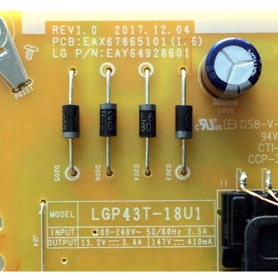 FUENTE DE PODER / LG EAY64928601 / EAX6786501(1.6) / LGP43T-18U1 / 63928601 / E247691 / PANEL HC430DQG-SLUR2-914X / MODELO 43UK6500AUA.BUSWLJM - Imagen 2