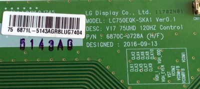 T-CON PARA TV SONY BRAVIA / NUMERO DE PARTE 6871L-5143A / 6870C-0728A / LC750EQK-SKA1 / 5143A / PARTE SUSTITUTA 6871L-5143B / PANEL S750QF58 V8 / MODELO XBR-75X850E / XBR75X850E - Imagen 2