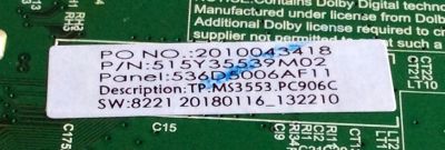 MAIN / FUENTE / (COMBO) / INSIGNIA / 515Y35539M02 / A18052780 / TP.MS3553-PC906 / 536D5006AF11 / 2010043418 / 2605842B0 / E203640 / PANEL T500HVN07.5 / MODELO NS-50D510NA19 - Imagen 3