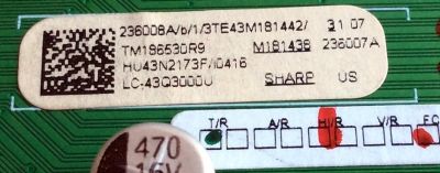 MAIN / FUENTE (COMBO) / SHARP 236008A / TP.SR.PB701 / 236007A / 236008 / 236007 / HU43N2173F / TM186530R9 / 3TE43M181442 / M181436 / PANEL JHD426N2F21-BKQL\S0\FM\ROH / 219243 / MODELO LC-43Q3000U R43M1815 - Imagen 3