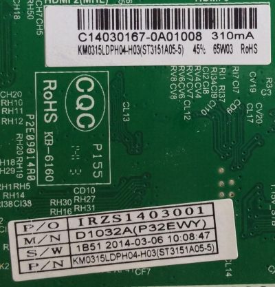 MAIN / FUENTE / (COMBO) / UPSTAR / C14030167 / TP.MS3393.PB851 / KM0315LDPH04-H03 / IRZS1403001 / ST3151A05-5 / PANEL MT3151A05-3-XC-1 / MODELO P32EWX - Imagen 2