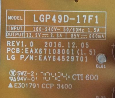 FUENTE DE PODER LG / EAY64529701 / EAX67108001(1.5) / LGP49D-17F1 / MODELOS 49LV570H-UA.BUSYLJR / 49LV340C-UB BUSYLJR - Imagen 2