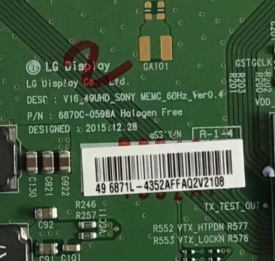 T-CON SONY / 6871L-4352A / 6870C-0598A / 4352A / PANEL V490QWME04 / MODELO XBR-49X800D - Imagen 2