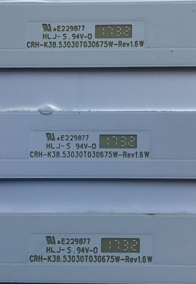 KIT DE LED'S PARA TV ELEMENT (3 PIEZAS) / NUMERO DE PARTE CRH-K38.53030T030675W / CRH-K38.53030T030675W-REV1.6W / M01Y158J26PQR1780K / 208708.2 / PANEL CN385CN7520 / MODELO ELSW3917BF - Imagen 4