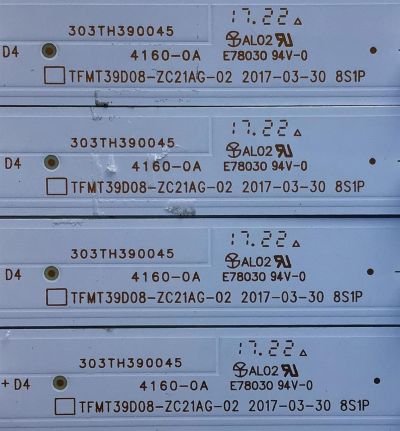 KIT DE LED'S PARA TV ELEMENT (4 PIEZAS) / NUMERO DE PARTE 303TH390045 / TFMT39D08-ZC21AG-02 / TH390M15 / 112600033 / PANEL T390DXB(P)-(DLED) / MODELO ELEFW3916 - Imagen 4