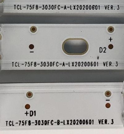 KIT DE LEDS ORIGINAL PARA TV TCL 6 PIEZAS / NUMERO DE PARTE TCL-75F8-3030FC / TCL-75F8-3030FC-A-LX20200601 VER.3 / TCL-75F8-3030FC-B-LX20200601 VER.3 / YHA-4CLB7514-YH / PANEL LVU750NDEL-CD9W03 V2 / MODELO 75S431 / 75S434 - Imagen 3