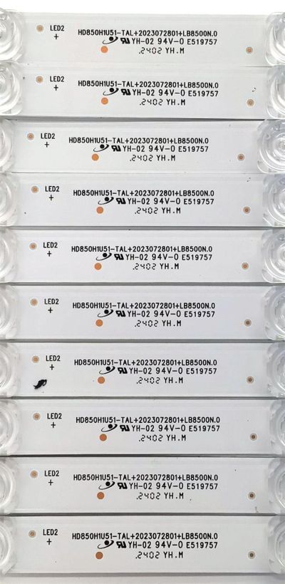 KIT DE LED'S PARA TV HISENSE QLED ((INCOMPLETO SOLO 10 PIEZAS)) / NUMERO DE PARTE LB8500N.0 / 2023072801 / HD850H1U51-TAL / 1314914 / HD850H1U51-TAL+2023072801+LB8500N.0 / E519757 / PANEL HD850H1U51-TBLF\S0\GM\ROH / DISPLAY T850QVN03.4 / MODELO 85QD6N - Imagen 2