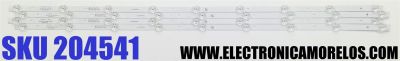 KIT DE LED'S PARA TV EVL ((4 PIEZAS)) / NUMERO DE PARTE MSG-T500-V6-3030-026-09 / 1.3.10700000229 / PC67181B / 914mm*14mm*1.0T / 240-250LM / 9000-13000K / B5-2 3.3-3.4V / PANEL CV500U2-T01 / DISPLAY CV500U3-L01 / MODELOS 50EVLS4 / K50DLG12U / AK50H1485
