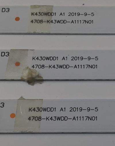 KIT DE LEDS PARA TV JVC ORIGINAL 3 PIEZAS / NUMERO DE PARTE 4708-K43WDD-A1117N01 / K430WDD1 A1 / YSDL 4700RA0 / 9252-A0 / 113X08-430D1021 / K430WDD1 / 224306 / YD-220226-3205B933 / PANEL K430WDF / DISPLAY LC430DUQ (SK)(A3) / MODELO SI43FRF - Imagen 3