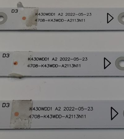 KIT DE LEDS PARA TV JVC ORIGINAL 3 PIEZAS / NUMERO DE PARTE 4708-K43WDD-A2113N11 / K430WDD1 A2 / YDSL4700RA0 / 11155-A0 / 113X08-430D1021 / K430WDD1 / 229052 / HL-030169-3210B833 / PANEL K430WDF / DISPLAY LC430DUQ (SK)(A3) / MODELO SI43FRF - Imagen 3