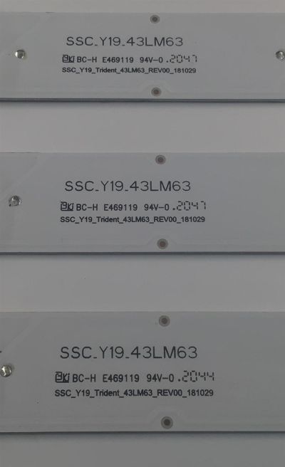 KIT DE LEDS PARA TV LG ORIGINAL 3 PIEZAS / NUMERO DE PARTE EAV64755501 / SSC_Y19_43LM63 / SSC_Y19_TRIDENT_43LM63_REV00_181029 / E469119 / BOE 430H1 / BOE430H1 / PANEL NC430DUE-ABHXC / MODELOS 43LM6300PUB / 43LM6300PLA - Imagen 3